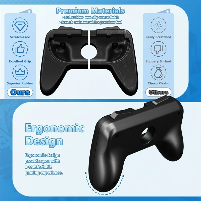 Pour Nintendo Switch OLED / Switch 2 Lot de 2 poignées de manette de jeu Confort ergonomique Support portable avec patins en caoutchouc souple - Noir