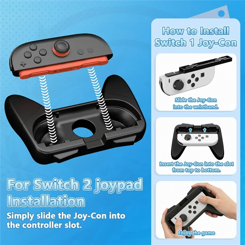 Pour Nintendo Switch OLED / Switch 2 Lot de 2 poignées de manette de jeu Confort ergonomique Support portable avec patins en caoutchouc souple - Noir