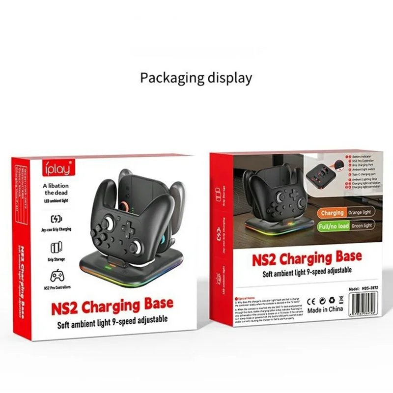 IPLAY HBS-2872 For Nintendo Switch 2 Pro / Switch 2 Joy-Con Grip Controller Charging Base with 9-Level LED Ambient Lights - Black