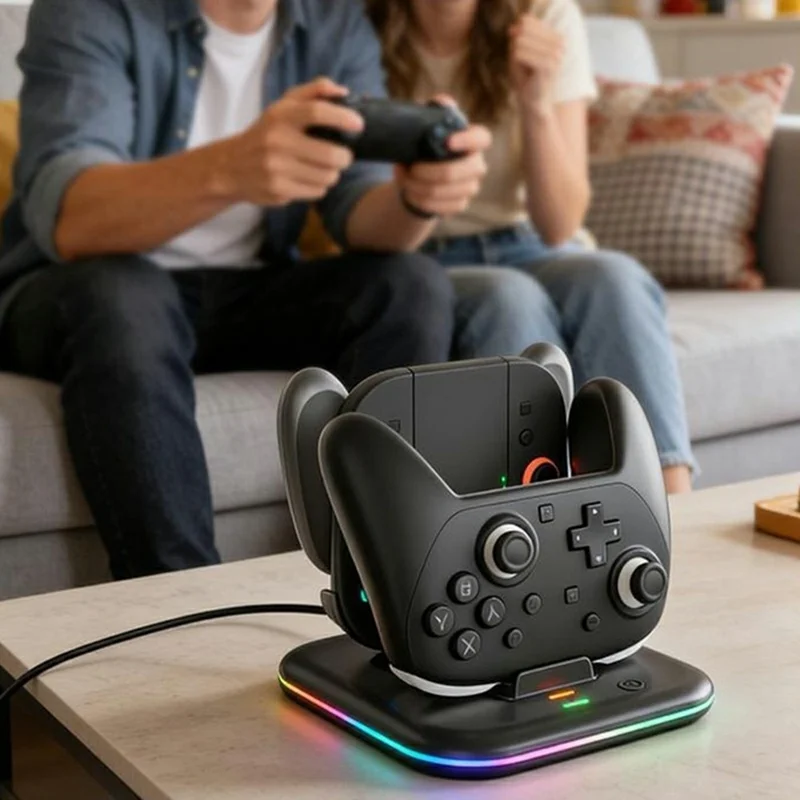 IPLAY HBS-2872 For Nintendo Switch 2 Pro / Switch 2 Joy-Con Grip Controller Charging Base with 9-Level LED Ambient Lights - Black