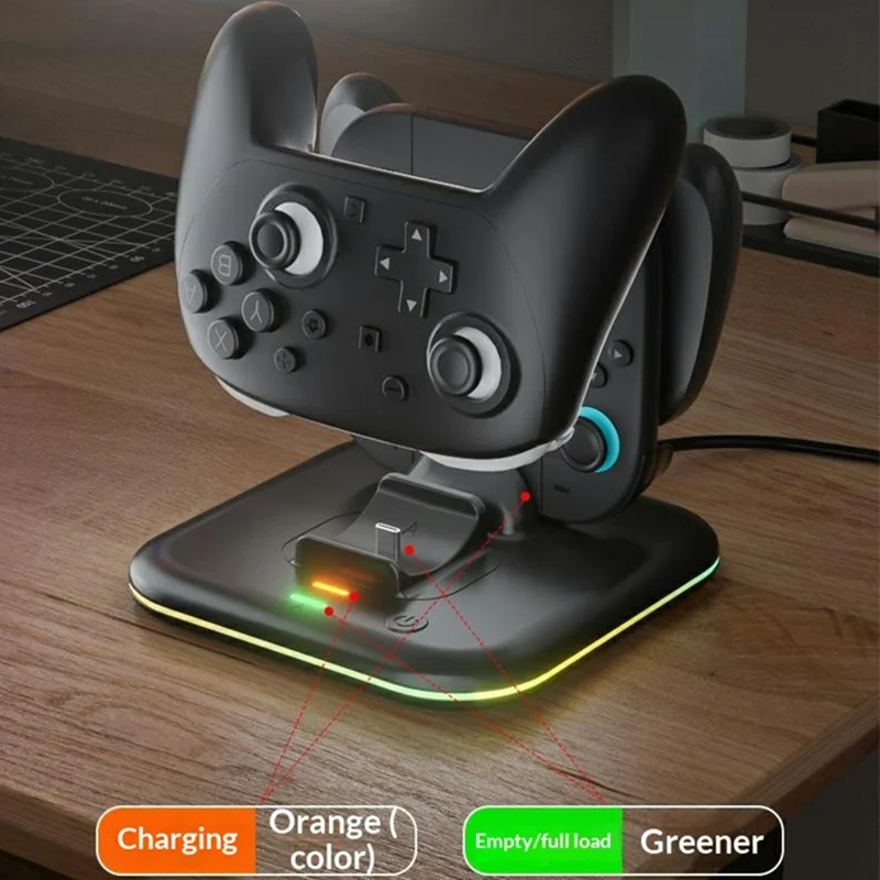 IPLAY HBS-2872 For Nintendo Switch 2 Pro / Switch 2 Joy-Con Grip Controller Charging Base with 9-Level LED Ambient Lights - Black