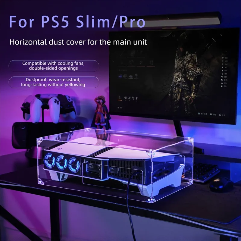 13020032 For PS5 Pro  /  PS5 Slim Acrylic Dust Cover Transparent Horizontal Stand Protective Case with Ventilation Ports