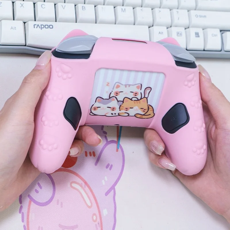 For Nintendo Switch 2 Pro Silicone Case Anti Slip Cat Ear Design Controller Protective Cover - Pink
