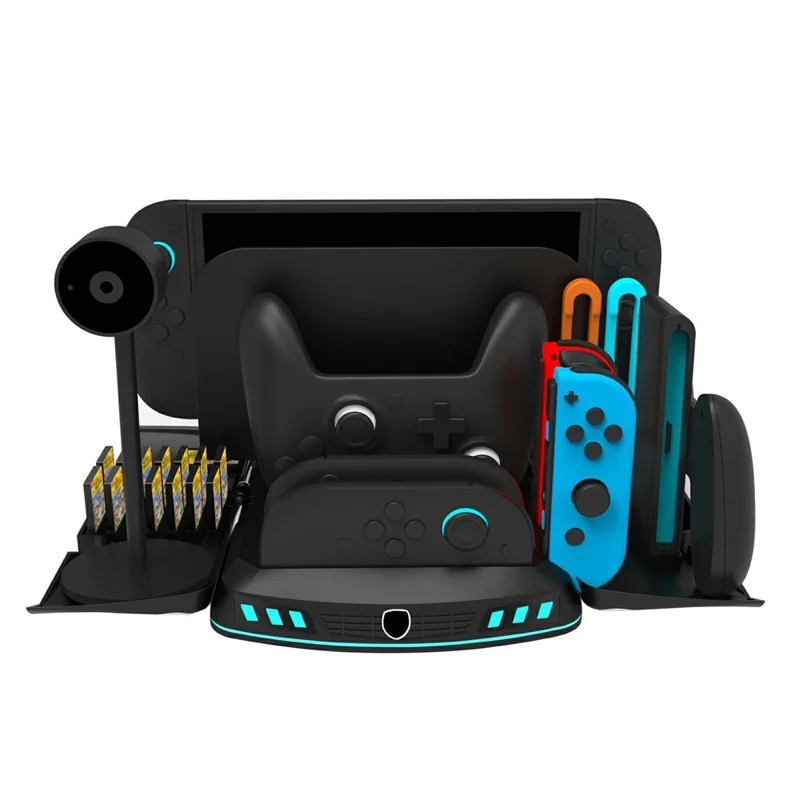 KJH-NS2-569 Wielofunkcyjna Stacja Ładowania z Chłodzeniem dla Konsoli Nintendo Switch 1 / OLED / 2, Stojak z Ładowarką, RGB, Przechowywaniem Kart Gr, Czarny