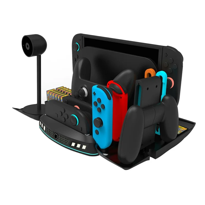 KJH-NS2-569 Wielofunkcyjna Stacja Ładowania z Chłodzeniem dla Konsoli Nintendo Switch 1 / OLED / 2, Stojak z Ładowarką, RGB, Przechowywaniem Kart Gr, Czarny