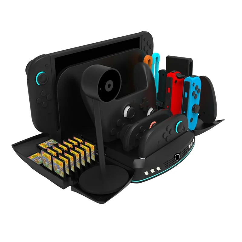 KJH-NS2-569 Wielofunkcyjna Stacja Ładowania z Chłodzeniem dla Konsoli Nintendo Switch 1 / OLED / 2, Stojak z Ładowarką, RGB, Przechowywaniem Kart Gr, Czarny