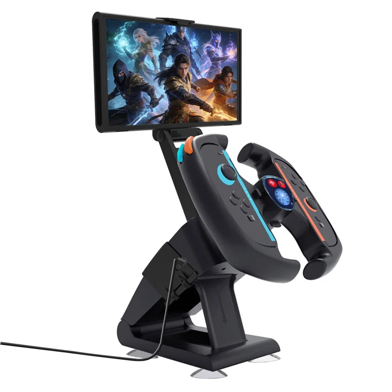 KJH-NS2-035-2 Soporte de Carga con Diseño de Volante de Carreras para Nintendo Switch 2, Soporte para Doble Control Joy-Con con Pantalla LED de Juego - Negro