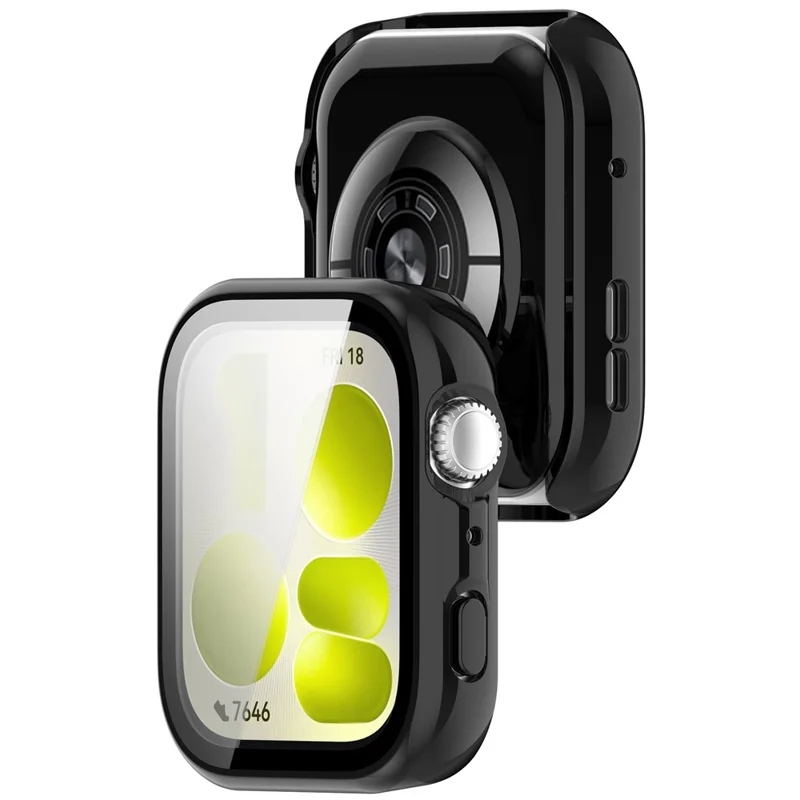 Für Huawei Watch Fit 5 Uhrenhülle, Hart-PC-Gehäuse mit integriertem Displayschutz aus gehärtetem Glas – Glänzend Schwarz
