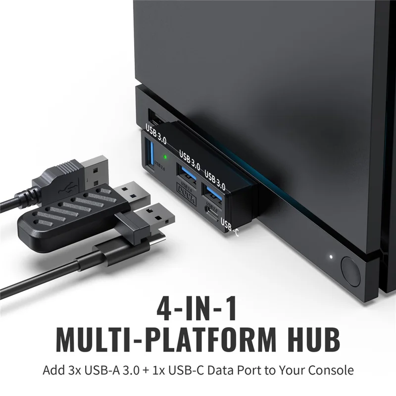JYS SDM007 Hub USB 4-em-1 com 3x USB-A 3.0 + 1x USB-C 5 Gbps Mini Dock para Steam Machine / PS5 / PC - Preto