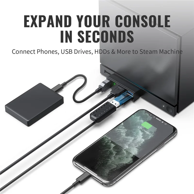 JYS SDM007 Hub USB 4-em-1 com 3x USB-A 3.0 + 1x USB-C 5 Gbps Mini Dock para Steam Machine / PS5 / PC - Preto