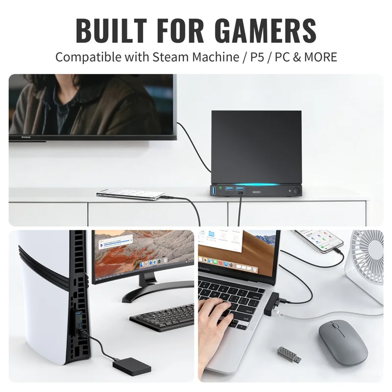 JYS SDM007 Hub USB 4-em-1 com 3x USB-A 3.0 + 1x USB-C 5 Gbps Mini Dock para Steam Machine / PS5 / PC - Preto