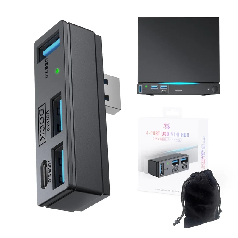 JYS SDM007 Hub USB 4-em-1 com 3x USB-A 3.0 + 1x USB-C 5 Gbps Mini Dock para Steam Machine / PS5 / PC - Preto