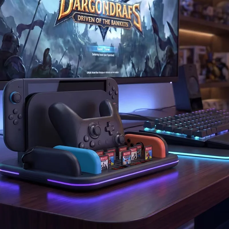 DOBE FOMIS ELECTRONICS TNS-51126 Gaming Charging Station for Nintendo Switch Pro  /  Switch 1  /  Switch 2  /  Switch OLED  /  Cooling Fan Charging Dock RGB LED Joy-Con Stand Game Card Storage Stand