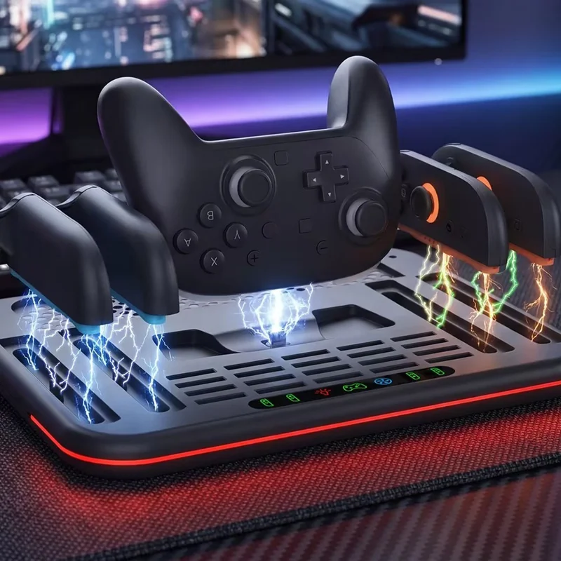 DOBE FOMIS ELECTRONICS TNS-51126 Gaming Charging Station for Nintendo Switch Pro  /  Switch 1  /  Switch 2  /  Switch OLED  /  Cooling Fan Charging Dock RGB LED Joy-Con Stand Game Card Storage Stand