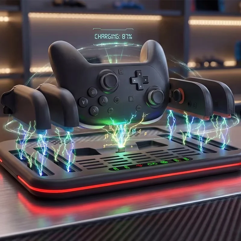 DOBE FOMIS ELECTRONICS TNS-51126 Gaming Charging Station for Nintendo Switch Pro  /  Switch 1  /  Switch 2  /  Switch OLED  /  Cooling Fan Charging Dock RGB LED Joy-Con Stand Game Card Storage Stand