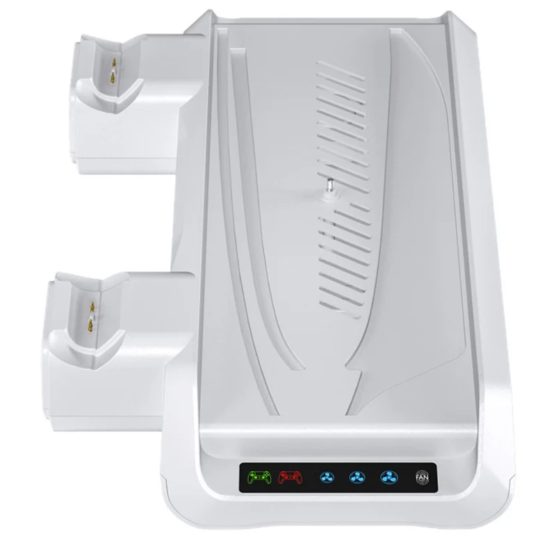 P5029 PS5 / PS5 Pro / PS5 Slim / Standard kølestation med 3-trins ventilator og trådløs hurtigoplader til to kontrollere med headsetholder - Hvid