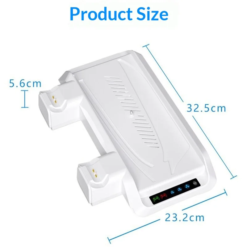 P5029 PS5 / PS5 Pro / PS5 Slim / Standard kølestation med 3-trins ventilator og trådløs hurtigoplader til to kontrollere med headsetholder - Hvid