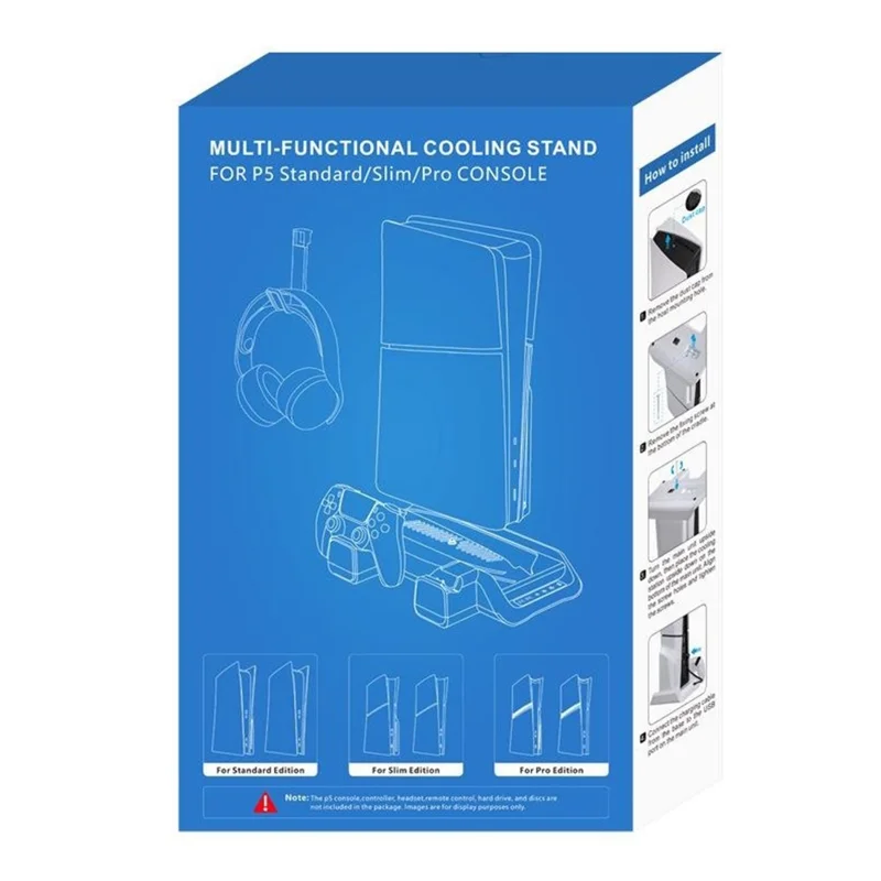 P5029 PS5 / PS5 Pro / PS5 Slim / Standard kølestation med 3-trins ventilator og trådløs hurtigoplader til to kontrollere med headsetholder - Hvid