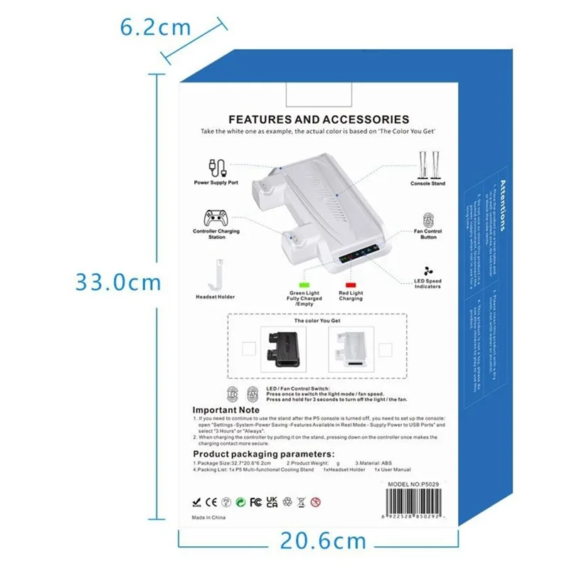 P5029 PS5 / PS5 Pro / PS5 Slim / Standard kølestation med 3-trins ventilator og trådløs hurtigoplader til to kontrollere med headsetholder - Hvid