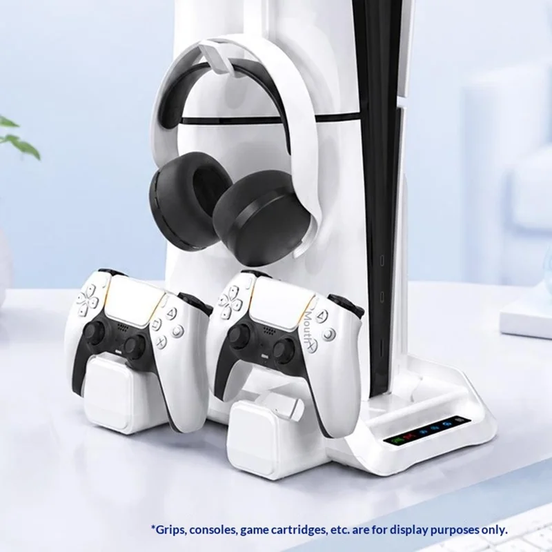 P5029 PS5 / PS5 Pro / PS5 Slim / Standard kølestation med 3-trins ventilator og trådløs hurtigoplader til to kontrollere med headsetholder - Hvid
