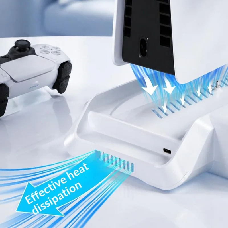 P5029 PS5 / PS5 Pro / PS5 Slim / Standard kølestation med 3-trins ventilator og trådløs hurtigoplader til to kontrollere med headsetholder - Hvid