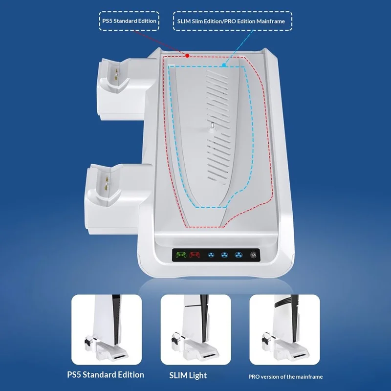 P5029 PS5 / PS5 Pro / PS5 Slim / Standard kølestation med 3-trins ventilator og trådløs hurtigoplader til to kontrollere med headsetholder - Hvid