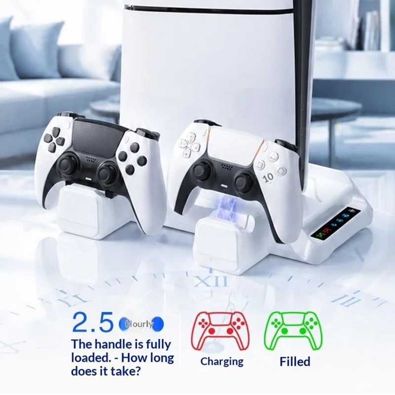 P5029 PS5 / PS5 Pro / PS5 Slim / Standard kølestation med 3-trins ventilator og trådløs hurtigoplader til to kontrollere med headsetholder - Hvid