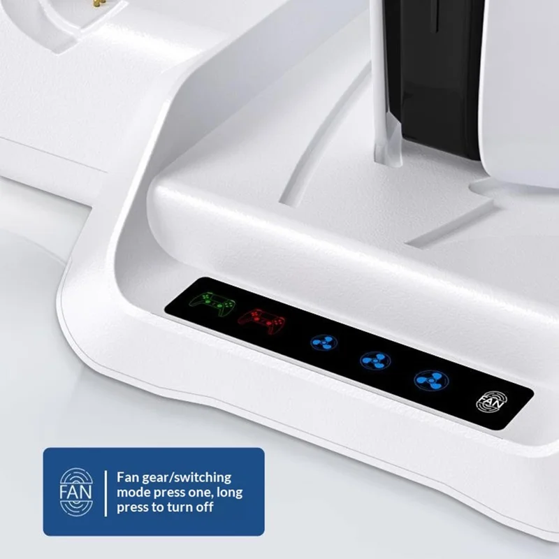 P5029 PS5 / PS5 Pro / PS5 Slim / Standard kølestation med 3-trins ventilator og trådløs hurtigoplader til to kontrollere med headsetholder - Hvid