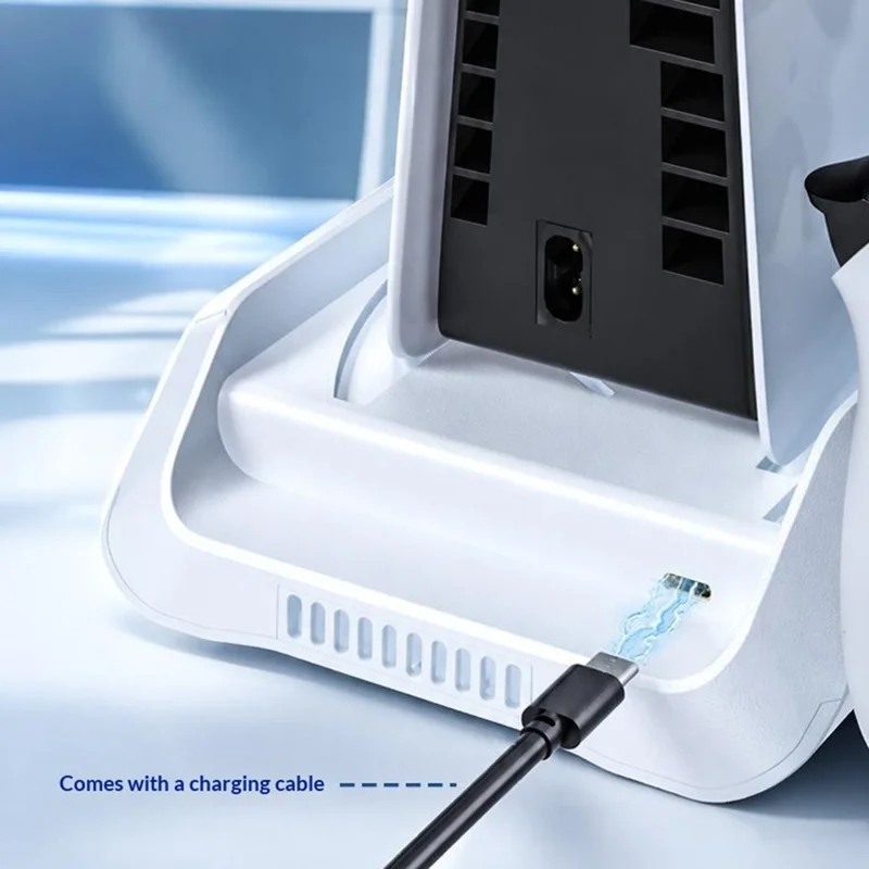 P5029 PS5 / PS5 Pro / PS5 Slim / Standard kølestation med 3-trins ventilator og trådløs hurtigoplader til to kontrollere med headsetholder - Hvid