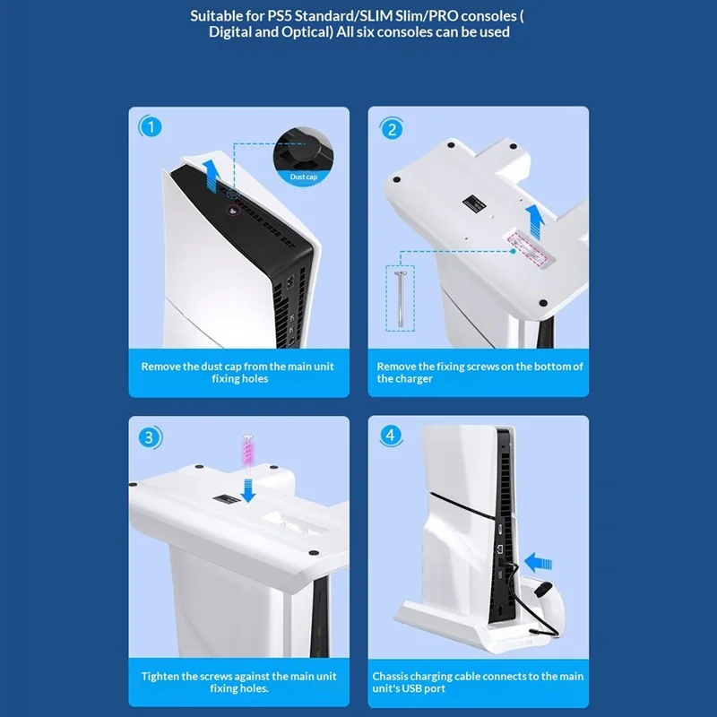 P5029 PS5 / PS5 Pro / PS5 Slim / Standard kølestation med 3-trins ventilator og trådløs hurtigoplader til to kontrollere med headsetholder - Hvid