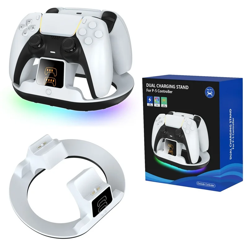 YZC-523 Doppel-Ladestation für PS5 / PS5 Edge Controller RGB-Beleuchtung LED-Anzeige Schnellladestation - Weiß