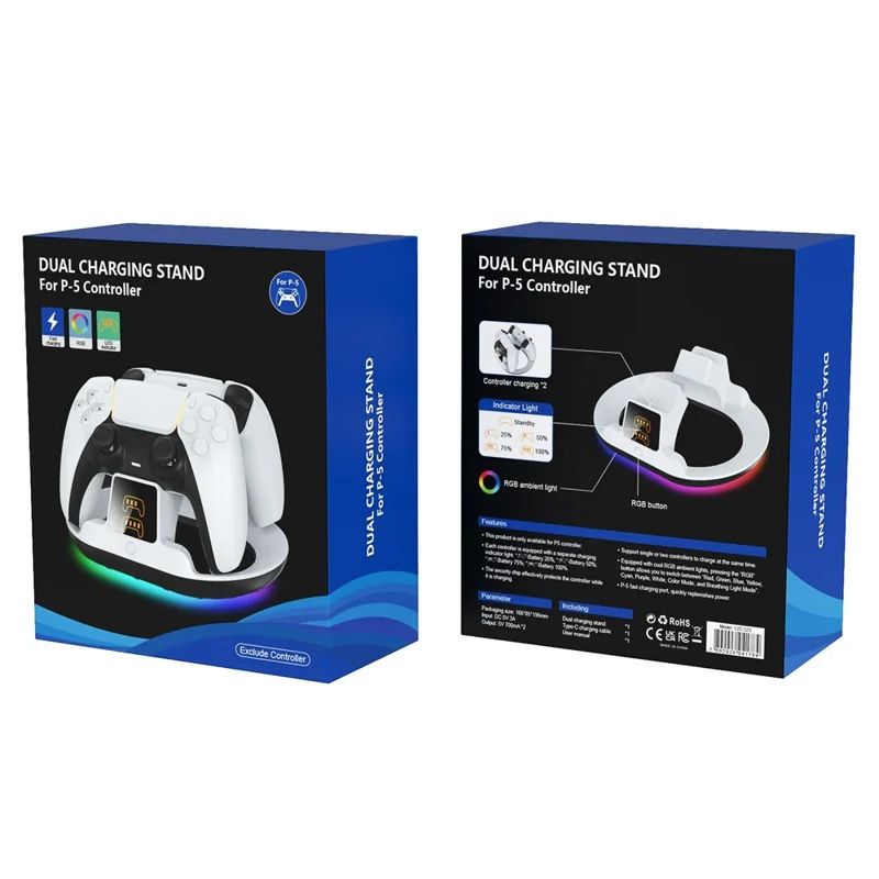 YZC-523 Doppel-Ladestation für PS5 / PS5 Edge Controller RGB-Beleuchtung LED-Anzeige Schnellladestation - Weiß
