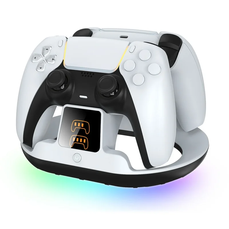 YZC-523 Doppel-Ladestation für PS5 / PS5 Edge Controller RGB-Beleuchtung LED-Anzeige Schnellladestation - Weiß