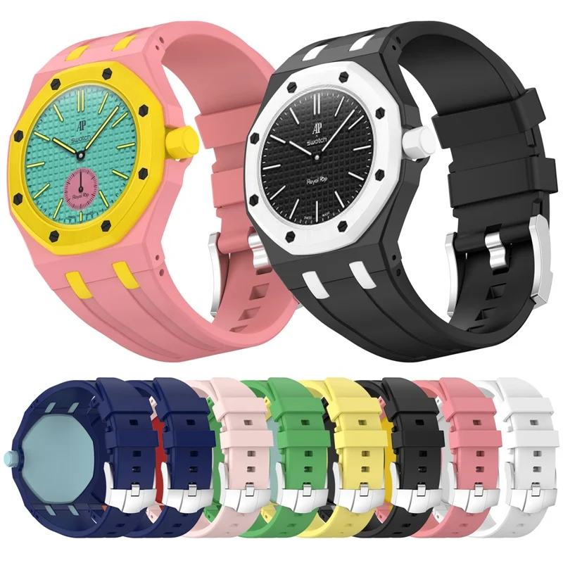 For Swatch Royal Pop Watch Strap Soft Silicone Watchband with Integrated Watch Case - Black+White