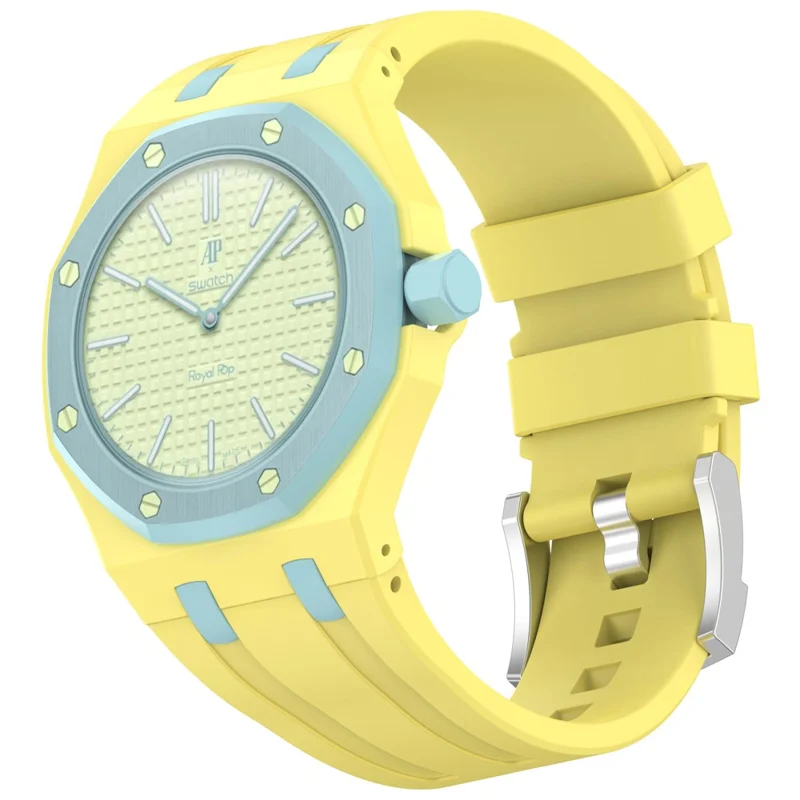 Für Swatch Royal Pop Uhrenarmband weiches Silikon-Uhrenarmband mit integriertem Uhrengehäuse - Gelb + Himmelblau