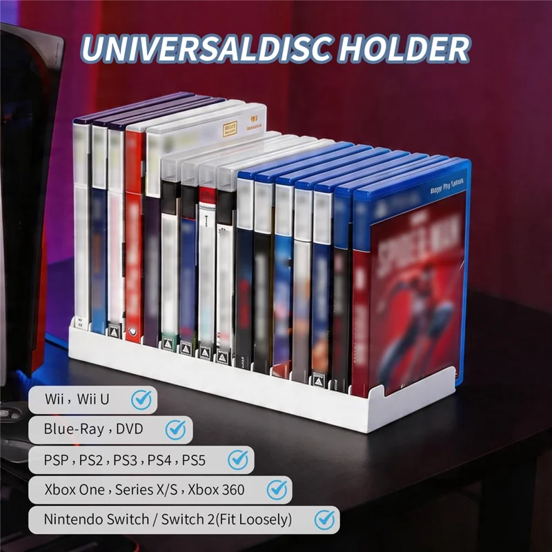 8026 2 Pezzi 16-in-1 Organizzatore per Dischi di Gioco Supporto Universale per PS5 / PS4 / Nintendo Switch Scaffalatura da Tavolo - Bianco
