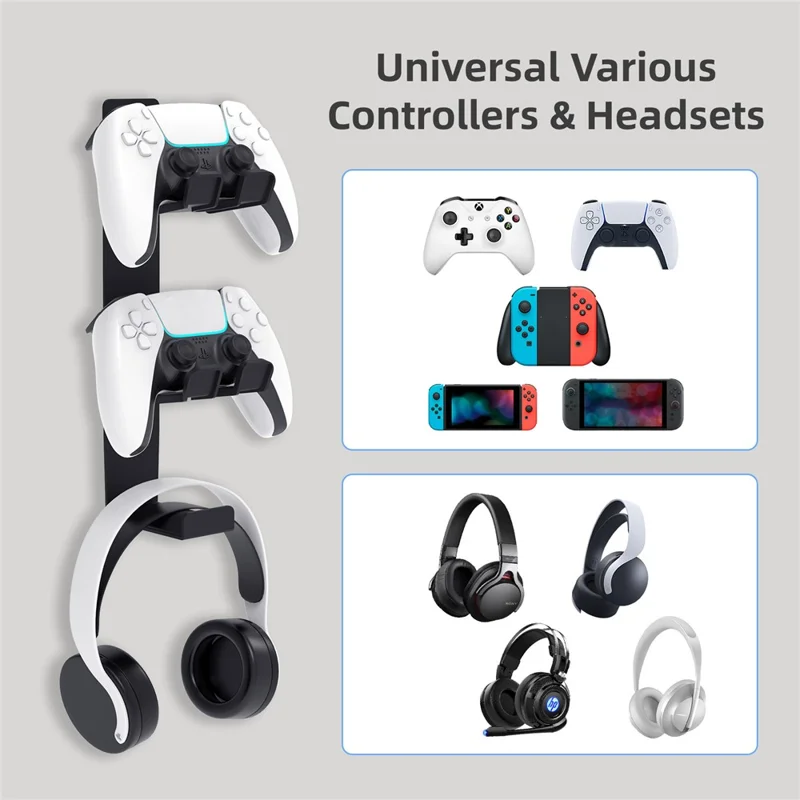 8023 Soporte de Montaje en Pared para Mando de Juego y Auriculares, Organizador de Escritorio para Accesorios de Juego PS4 / PS5 / Xbox - Negro