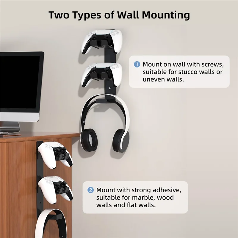8023 Soporte de Montaje en Pared para Mando de Juego y Auriculares, Organizador de Escritorio para Accesorios de Juego PS4 / PS5 / Xbox - Negro