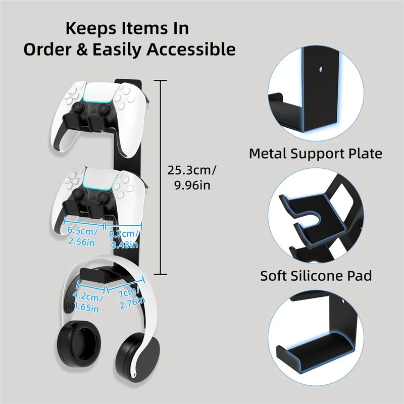 8023 Soporte de Montaje en Pared para Mando de Juego y Auriculares, Organizador de Escritorio para Accesorios de Juego PS4 / PS5 / Xbox - Negro