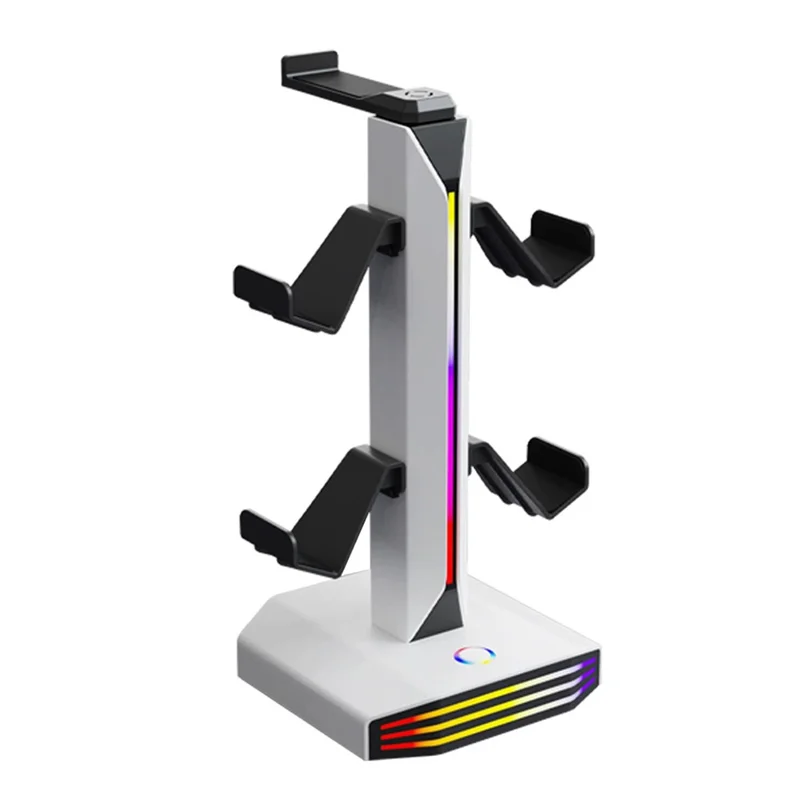 8006 RGB Gaming Controller Holder with Headphone Stand USB Charging Ports 360 Degree Rotatable Desk Organizer - White