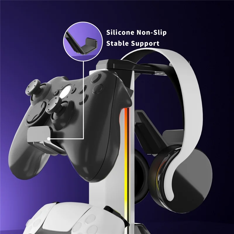 8006 RGB Gaming Controller Holder with Headphone Stand USB Charging Ports 360 Degree Rotatable Desk Organizer - White