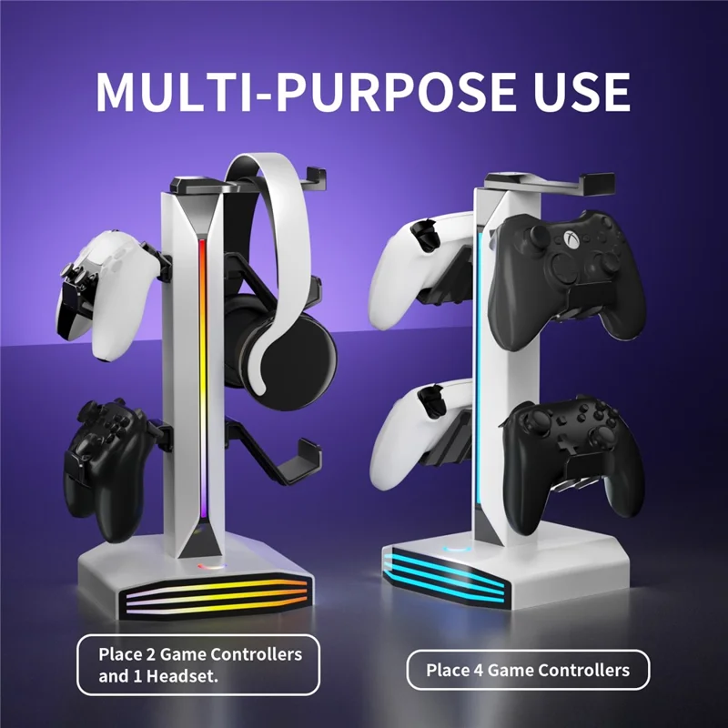 8006 RGB Gaming Controller Holder with Headphone Stand USB Charging Ports 360 Degree Rotatable Desk Organizer - White