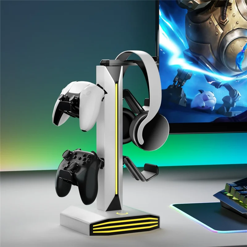 8006 RGB Gaming Controller Holder with Headphone Stand USB Charging Ports 360 Degree Rotatable Desk Organizer - White