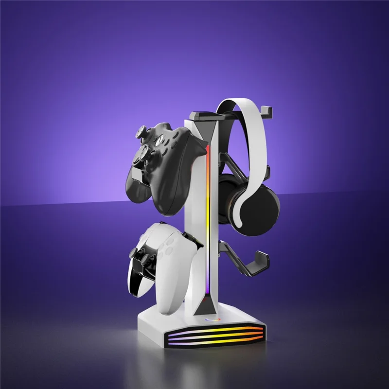 8006 RGB Gaming Controller Holder with Headphone Stand USB Charging Ports 360 Degree Rotatable Desk Organizer - White