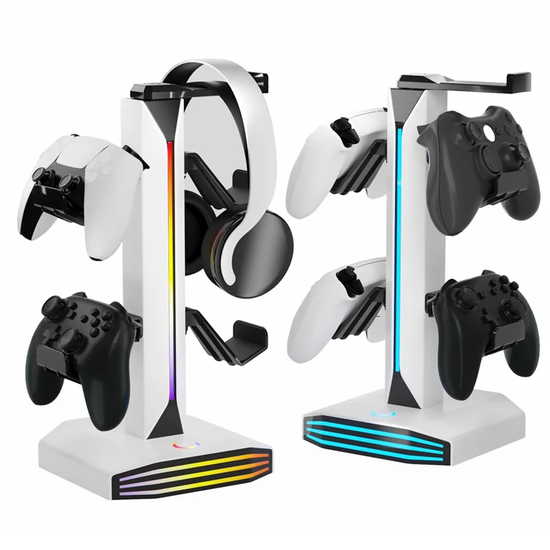 8006 RGB Gaming Controller Holder with Headphone Stand USB Charging Ports 360 Degree Rotatable Desk Organizer - White