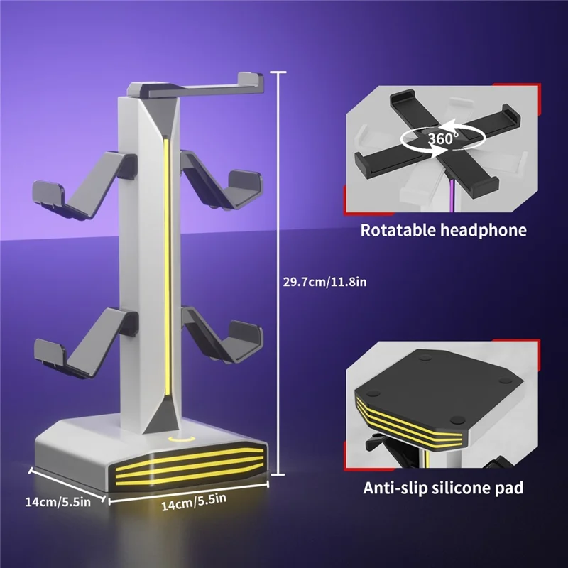 8006 RGB Gaming Controller Holder with Headphone Stand USB Charging Ports 360 Degree Rotatable Desk Organizer - White