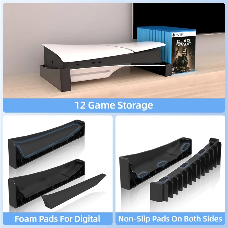 Supporto Orizzontale 8033 per PS5 Pro / PS5 Slim Edizione Digitale e Disco, Base di Raffreddamento con Supporto per 12 Dischi di Gioco - Nero