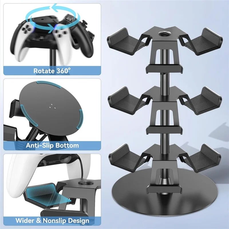 8002 3-Tier Game Controller Stand for Xbox  /  PS5  /  Nintendo Switch 360 Degree Rotating Multi-Functional Gaming Controller & Headphone Holder - Black
