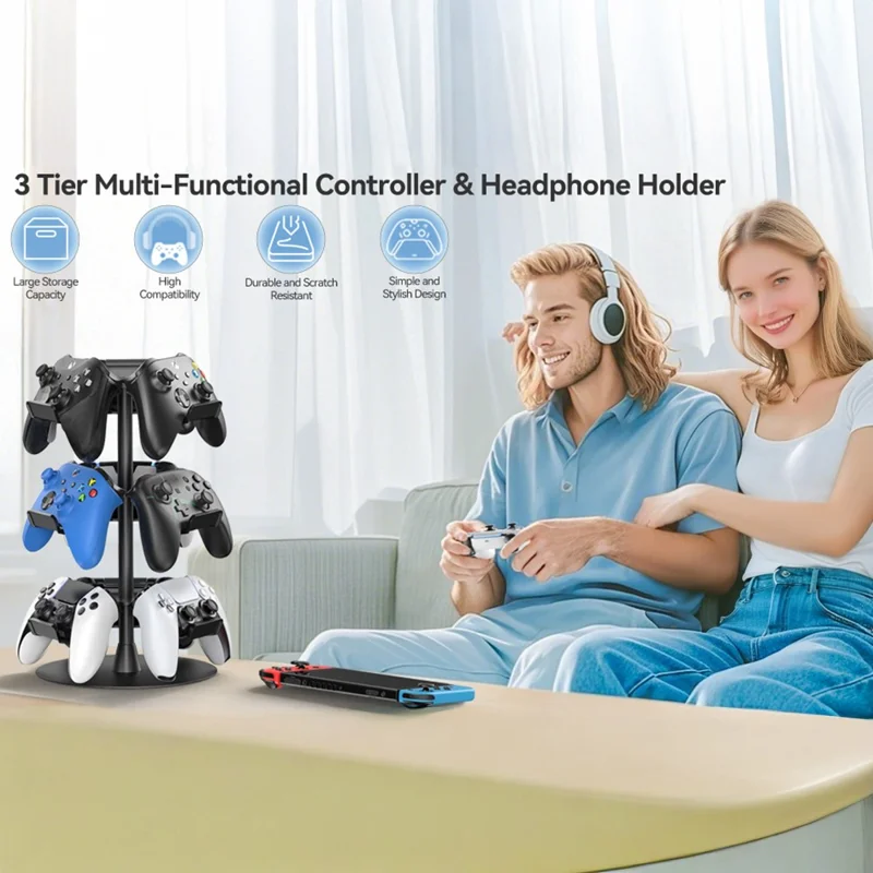 8002 3-Tier Game Controller Stand for Xbox  /  PS5  /  Nintendo Switch 360 Degree Rotating Multi-Functional Gaming Controller & Headphone Holder - Black