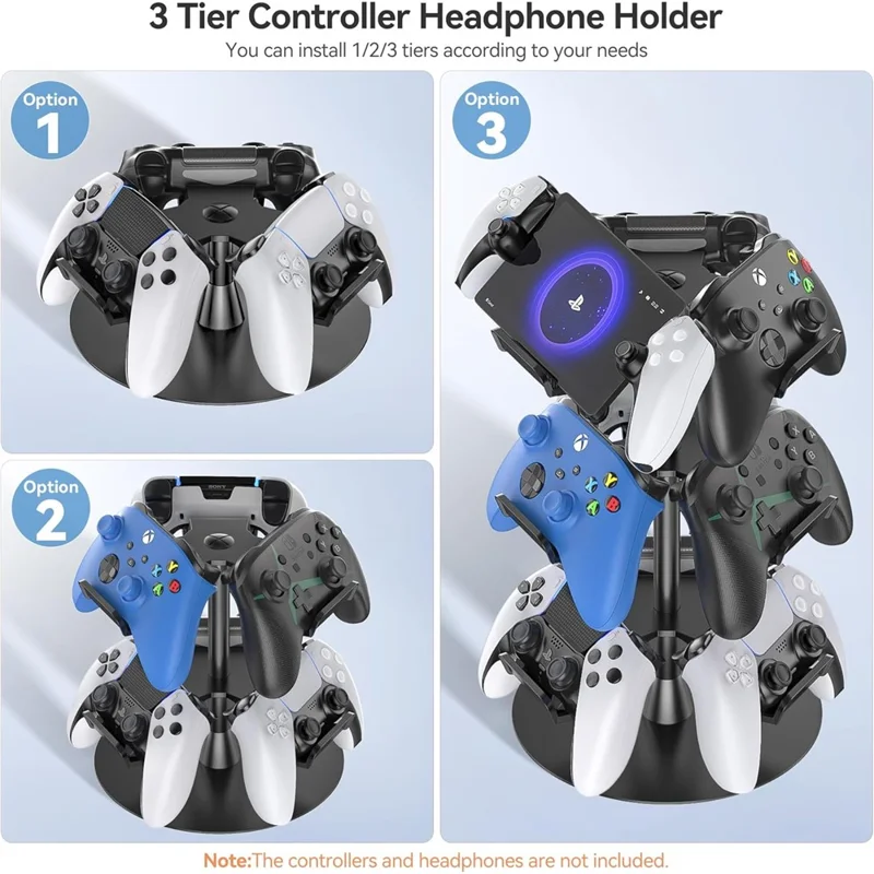 8002 3-Tier Game Controller Stand for Xbox  /  PS5  /  Nintendo Switch 360 Degree Rotating Multi-Functional Gaming Controller & Headphone Holder - Black
